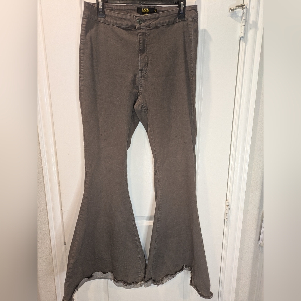 I&B High Rise Flare Jeans Raw Hem Brown Size 12 Boho Bell Bottom